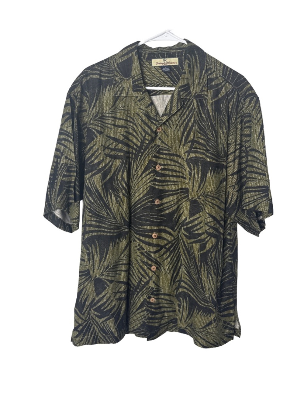 TOMMY BAHAMA Men’s Tropical Button Up Shirt Green Black Palm Leaf Print Silk M